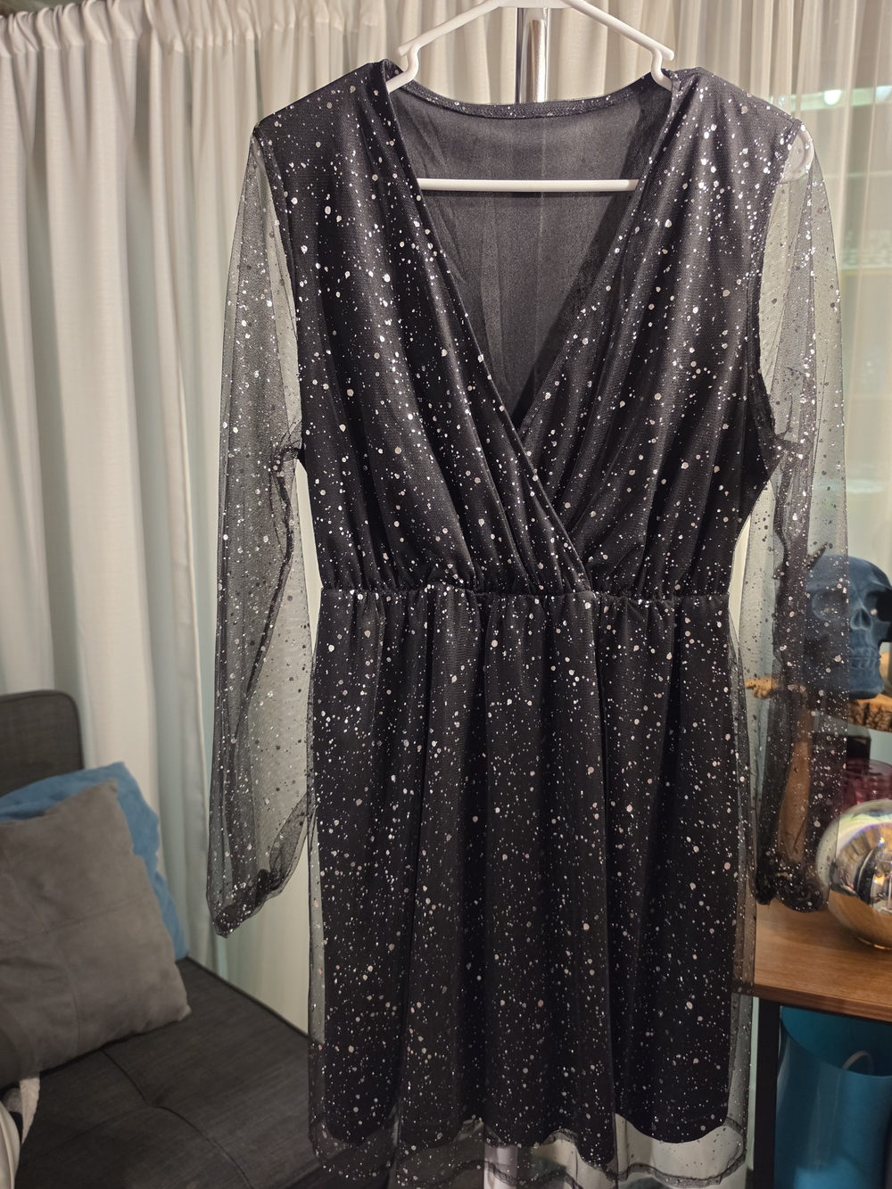 Black Sparkle Mesh Wrap-Front Dress